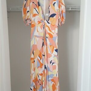 NWT White Closet Elements Abstract Twist Front Puff Sleeve Maxi Dress S